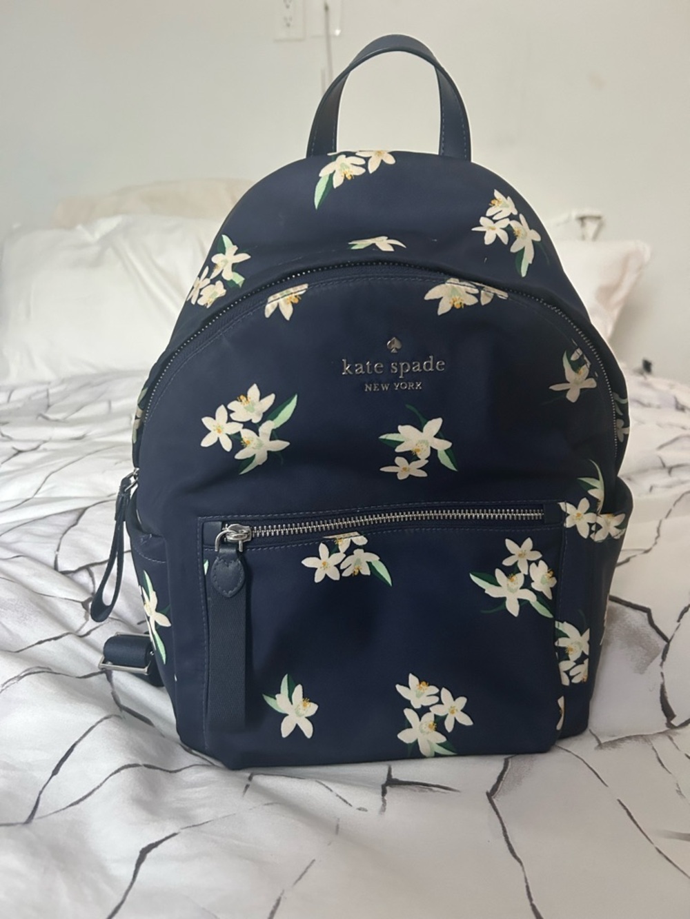 Kate Spade Floral Nylon Backpack Navy White Chelsea Style Medium